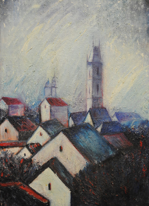 Stará Praha v mlze, Olejomalba or. Dlabal 2014