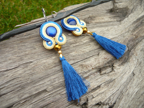 Soutache náušnice střapcové Gold and Blue — foto 1