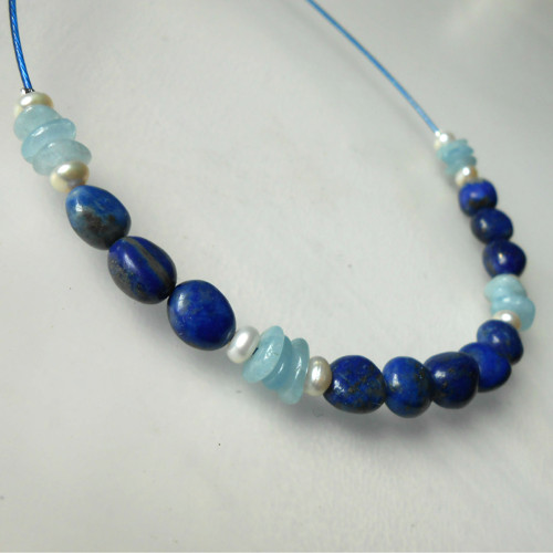 Náhrdelník - Lápis Lazuli, Aquamarín a Perla říční