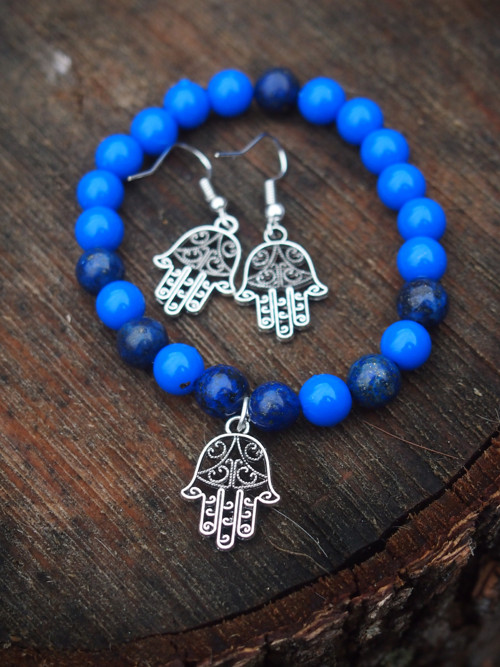 Set Náramek a naušnice Hamsa, s lapisem lazuli