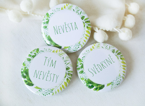 Placka button svatební - zelené listy — foto 1
