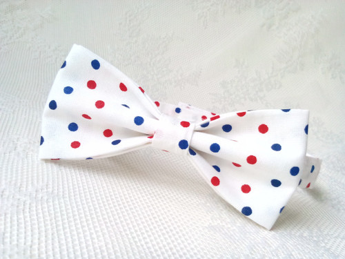 White bow tie with red and blue dots