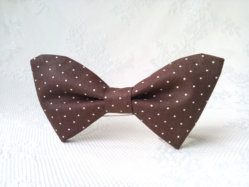 Dark brown bow tie with small white polka dots