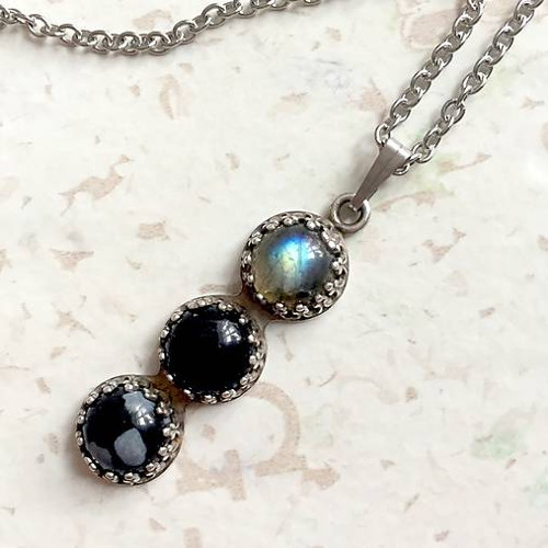 Vintage trio labradorit, obsidián, achát /1339