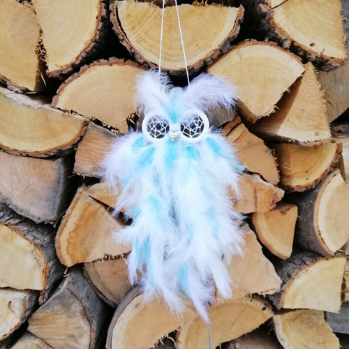 Lapač snů 10 cm, sova bílo-modrá barva