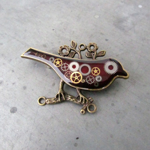 STEAMPUNKOVÝ PTÁČEK, vínový, brož — foto 1