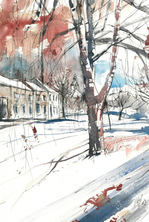 V zajetí zimy, Senice na Hané, Akvarel or. Dlabal