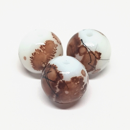 Korálky skleněné, 10mm, černobílohnědá, 2ks