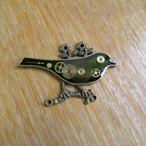 STEAMPUNKOVÝ PTÁČEK zelený - brož — foto 1