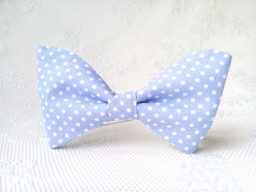 Sky blue bow tie with small white polka dots