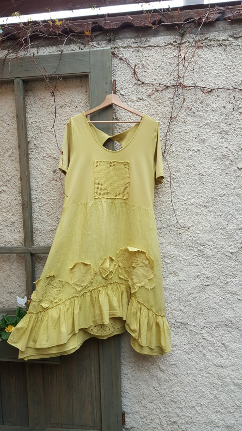 Limetkové boho-vintage šaty, len a úplet — foto 1