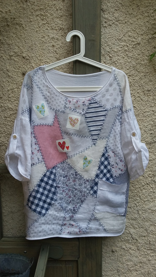 Patchwork srdíčková tunika, L/oversized — foto 1