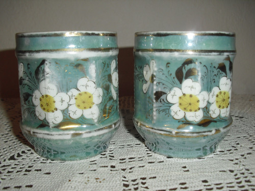 2x starožitný porcelánový HRNEK, metalíza