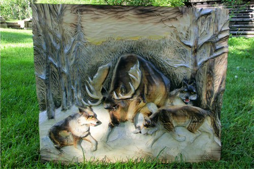 Reliéf souboj los vs. vlci, 52x43 cm, interiér