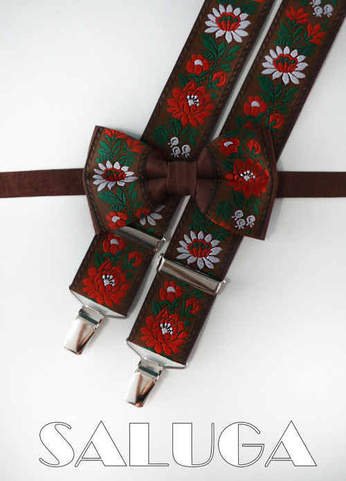 Folkový folklorní set motýlek + šle hnědý