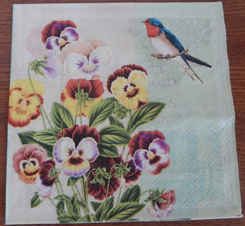 Ubrousek na decoupage - ptáček a macešky