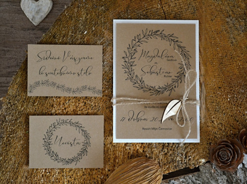 Svatební oznámení Nature wreath s dřevěným listem