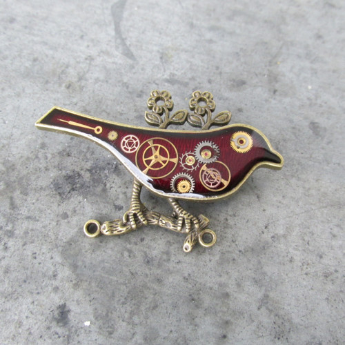STEAMPUNKOVÝ PTÁČEK červený- brož — foto 1