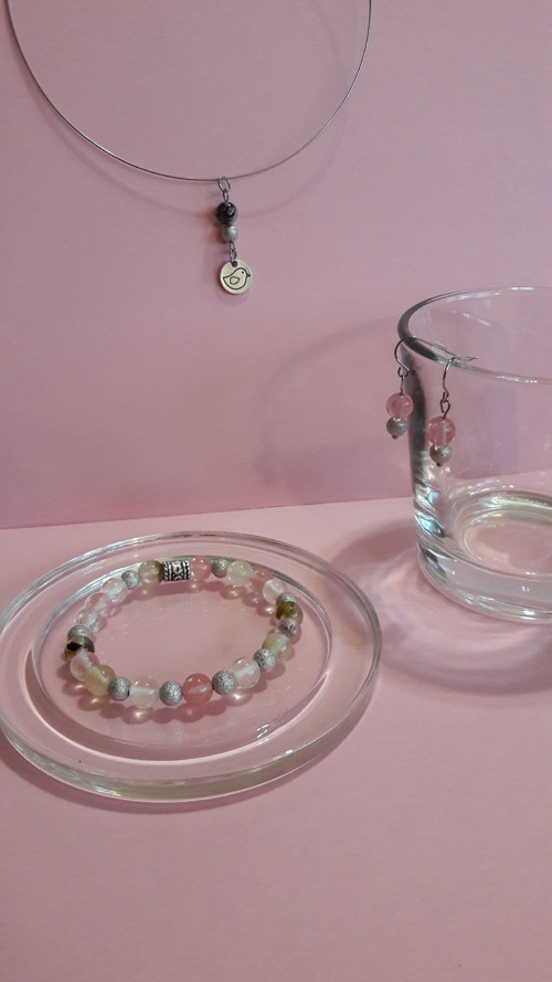 CHERRY QUARTZ náramek (L) + náuš. + přív. OCEL — foto 1