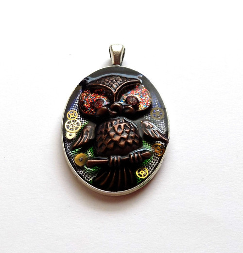 Steampunk starostříbrný soví přívěsek