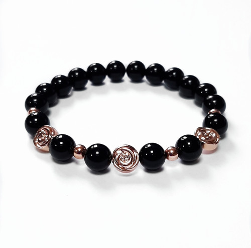 Náramek černý onyx růžičky rose gold