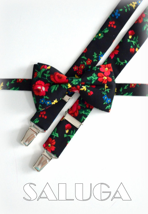 Černý květinový motýlek a šle - pánský set - folkl