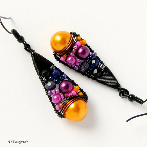 Náušnice Black Treasure Orange & Purple