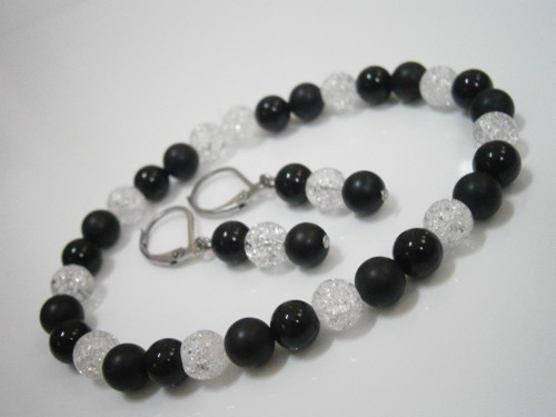 "Onyx/Křišťál" - minerál.náramek a náušnice (Ocel)