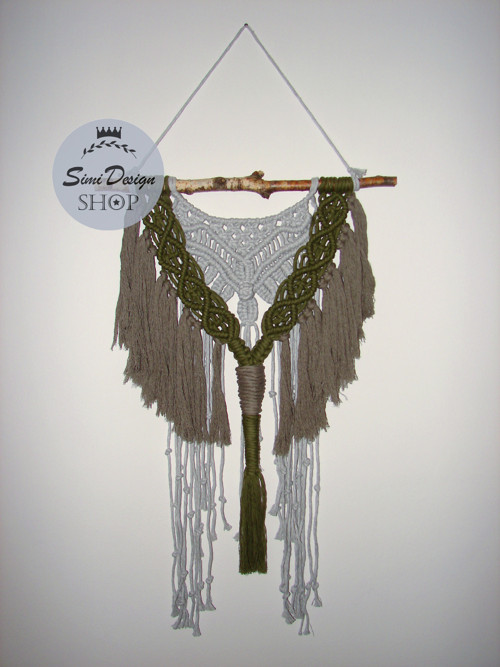 Závěsná boho dekorace MACRAME-šedá/olivová/cappuc.