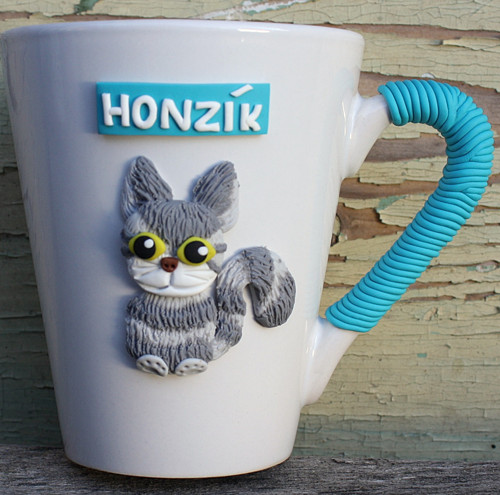 Hrníček a lžička s PRUHOVANOU KOČKOU