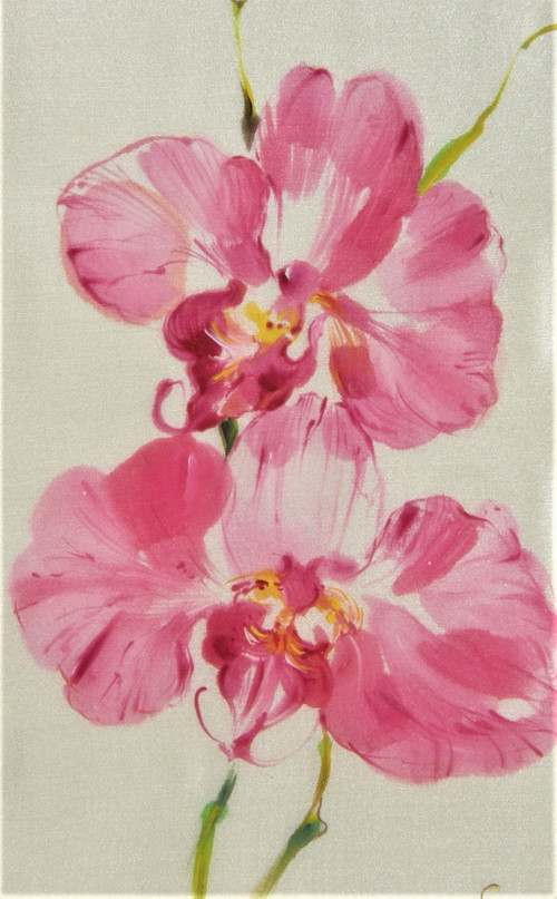 Malba na hedvábí - Orchidej, originál, A3 — foto 1