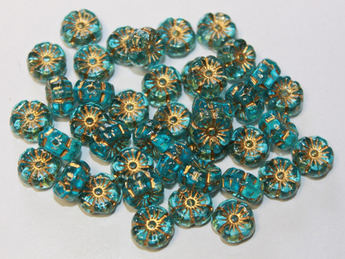 Kytička 9mm - aqua/zlatý zátěr - 15ks