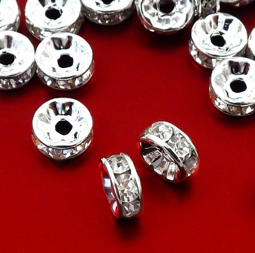 Stříbrné štrasové rondelky čiré - 7,5 mm, 10 kusů