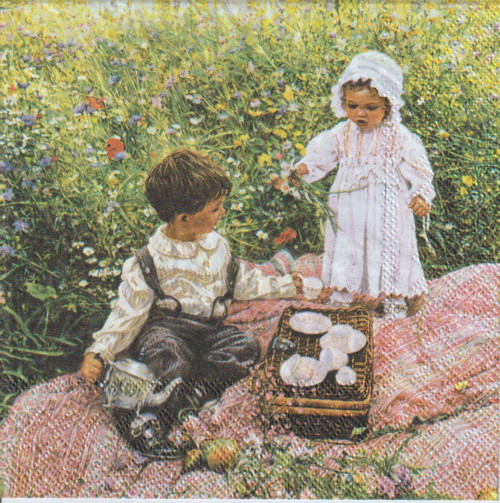 Ubrousek vintage - děti a piknik na louce