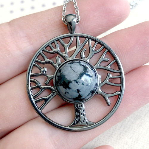Náhrdelník strom života gunmetal s obsidianem