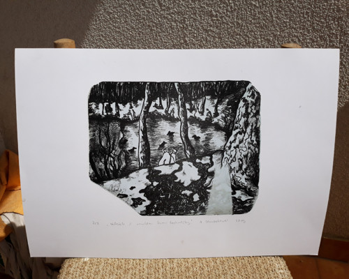 Krmení kachniček - litografie — foto 1