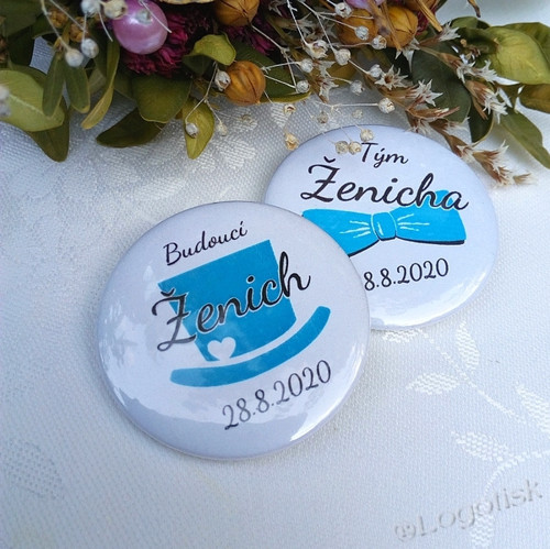 Placka 2kusy pro Ženicha a Tým ženicha+datum 58 mm
