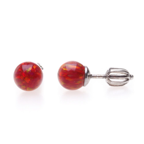 Stříbrné náušnice, šroubky s opály 7mm, rudé, 925