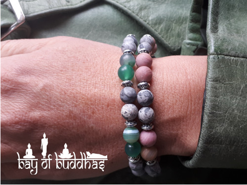Pink and Frosty Green Gemstone Bracelet Set
