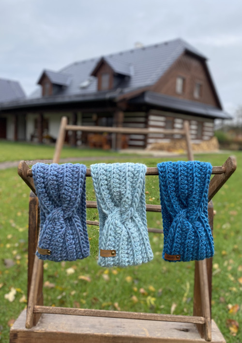 Háčkované čelenky Lucky TWIST “Modré jako nebe“