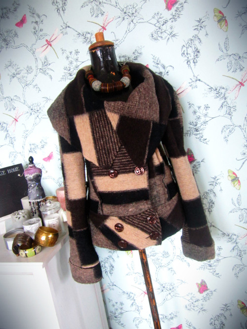 Kabátek luxusní, lana wool, patchwork — foto 1
