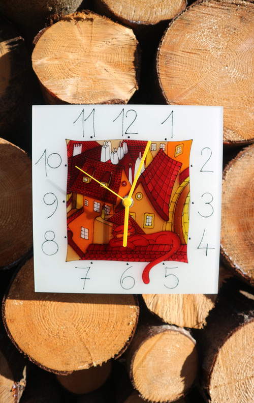 Střechy s kočkou - hodiny čtvercové 25cm