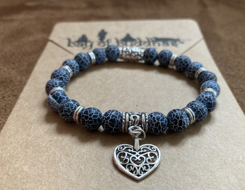 Náramek Tibetan Black Fossil Agate Heart