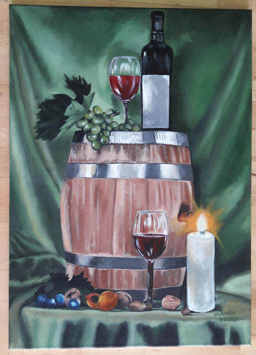 Olejomalba na platně vino dřevěný soudek