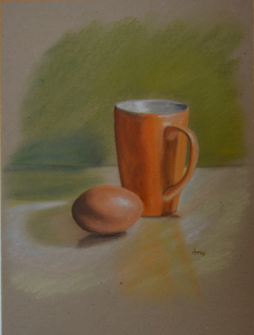 Originál suchý pastel- Hrnek s vejcem - 40 x 30 cm