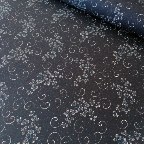Bavlnená látka Danbury-Dotted Leaf and Scroll Navy