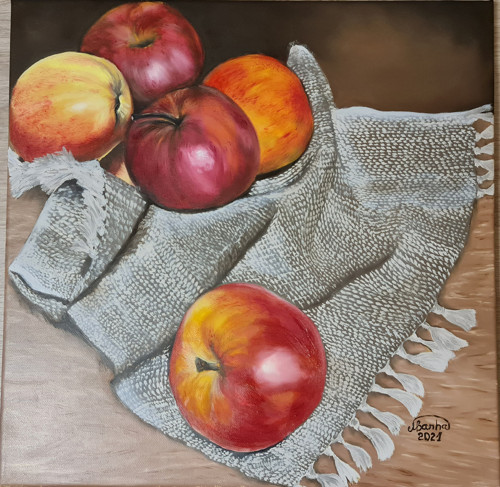 Olejomalba na platně 40x40 jablíčka na stole
