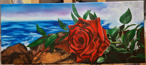 Olejomalba na platně, růže u moře, 30x70 cm