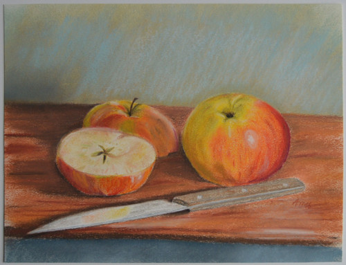 Originál suchý pastel-Jablko rozkrojené -30x24 cm