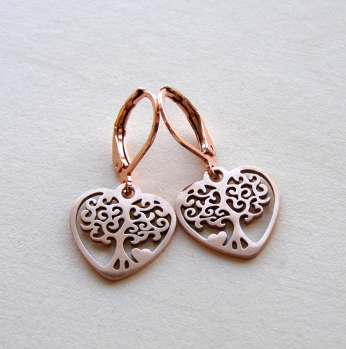 Náušnice z chir. oceli - STROM V SRDCI ROSE GOLD